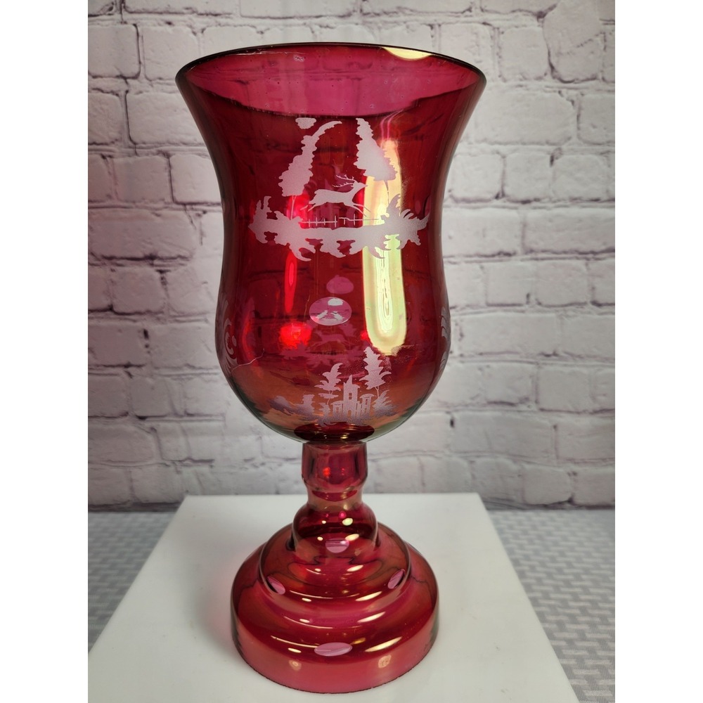 Antique Egermann Candle Holder Vase  Bohemian Ruby Red Cut to Clear Deer Chalet